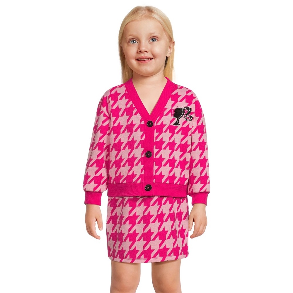 Barbie Hot Pink Houndstooth Pattern Cardigan and Skirt Matching Set